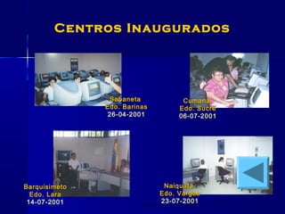 Centros Inaugurados
SabanetaSabaneta
Edo. BarinasEdo. Barinas
26-04-2001
CumanáCumaná
Edo. SucreEdo. Sucre
06-07-2001
BarquisimetoBarquisimeto
Edo. LaraEdo. Lara
14-07-2001
NaiquatáNaiquatá
Edo. VargasEdo. Vargas
23-07-2001
 