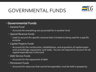 GOVERNMENTAL FUNDS
 Governmental Funds
 General Fund
 Accounts for everything not accounted for in another fund
 Special Revenue Funds
 Used to account for specific revenue that is limited to being used for a specific
purpose
 Capital Projects Funds
 Accounts for the construction, rehabilitation, and acquisition of capital assets
such as buildings, equipment, and roads. You are not required to account for all
capital expenditures in this fund
 Debt Service Funds
 Accounts for the repayment of debt
 Permanent Funds
 Accounts for resources that cannot be expended, must be held in perpetuity
 