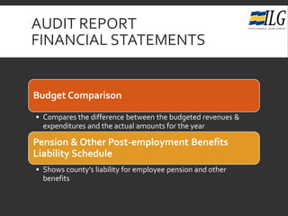 AUDIT REPORT
FINANCIAL STATEMENTS
Budget Comparison
• Compares the difference between the budgeted revenues &
expenditures and the actual amounts for the year
Pension & Other Post-employment Benefits
Liability Schedule
• Shows county’s liability for employee pension and other
benefits
 