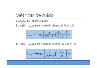 Métricas de ruído 
RELAÇÃO ENTRE DNL E LAEQ
L(A)eqD – L(A)eq para o período diurno, de 7h às 22h
L(A)eqN – L(A)eq para o período noturno, de 22h às 7h















  dt
p
tp
L A
AeqD
22
7
2
0
10
)(
153600
1
log10















  dt
p
tp
L A
AeqN
7
22
2
0
10
)(
93600
1
log10
 