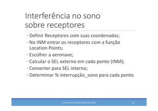 Interferência no sono
sobre receptores
CONTROLE DO RUÍDO AEROPORTUÁRIO 32
◦ Definir Receptores com suas coordenadas;
◦ No INM entrar os receptores com a função 
Location Points;
◦ Escolher a aeronave;
◦ Calcular o SEL externo em cada ponto (INM);
◦ Converter para SEL interno;
◦ Determinar % interrupção_sono para cada ponto.
 