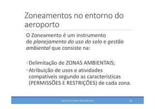 Zoneamentos no entorno do 
aeroporto
CONTROLE DO RUÍDO AEROPORTUÁRIO 56
O Zoneamento é um instrumento 
de planejamento do uso do solo e gestão 
ambiental que consiste na: 
◦Delimitação de ZONAS AMBIENTAIS;
◦Atribuição de usos e atividades 
compatíveis segundo as características 
(PERMISSÕES E RESTRIÇÕES) de cada zona.
 