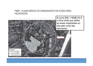 A curva DNL = 65dB (A) é
a linha limite que define
as áreas impactadas ou
não pelo ruído das
aeronaves.
PBZR ‐ PLANO BÁSICO DE ZONEAMENTO DE RUÍDO PARA 
HELIPONTOS
 
