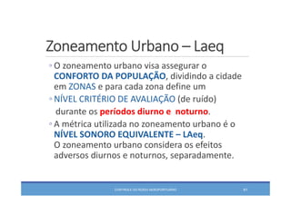 Zoneamento Urbano – Laeq
CONTROLE DO RUÍDO AEROPORTUÁRIO 81
◦ O zoneamento urbano visa assegurar o 
CONFORTO DA POPULAÇÃO, dividindo a cidade 
em ZONAS e para cada zona define um
◦ NÍVEL CRITÉRIO DE AVALIAÇÃO (de ruído)
durante os períodos diurno e noturno.
◦ A métrica utilizada no zoneamento urbano é o 
NÍVEL SONORO EQUIVALENTE – LAeq.
O zoneamento urbano considera os efeitos 
adversos diurnos e noturnos, separadamente.
 