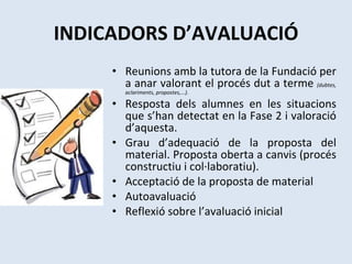 INDICADORS D’AVALUACIÓ Reunions amb la tutora de la Fundació per a anar valorant el procés dut a terme  (dubtes, aclariments, propostes,...). Resposta dels alumnes en les situacions que s’han detectat en la Fase 2 i valoració d’aquesta. Grau d’adequació de la proposta del material. Proposta oberta a canvis (procés constructiu i col·laboratiu).  Acceptació de la proposta de material Autoavaluació Reflexió sobre l’avaluació inicial  