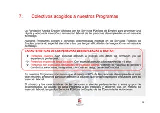 7.        Colectivos acogidos a nuestros Programas


     La Fundación Altedia Creade colabora con los Servicios Públicos de Empleo para promover una
     rápida y adecuada inserción o reinserción laboral de las personas desempleadas en el mercado
     de trabajo.
     Nuestros Programas acogen a personas desempleadas inscritas en los Servicios Públicos de
     Empleo, prestando especial atención a las que tengan dificultades de integración en el mercado
     de trabajo.
     CARACTERÍSTICAS DE LAS PERSONAS DESEMPLEADAS A TRATAR
          Personas jóvenes. Con especial atención a jóvenes con déficit de formación y/o sin
          experiencia profesional.
          Personas en paro de larga duración. Con especial atención a los mayores de 45 años.
          Personas con especiales dificultades de inserción laboral. Víctimas de violencia de género y
          doméstica, exreclusos, inmigrantes, personas en riesgo de exclusión social.

     En nuestros Programas procuramos que al menos el 60% de las personas desempleadas a tratar
     sean mujeres, prestando particular atención a aquéllas que tengan especiales dificultades para su
     inserción laboral.
     El número y las características de las personas a atender pertenecientes a estos grupos de
     desempleados, se adapta en cada Programa a los intereses y objetivos que, en materia de
     inserción laboral, tengan los Servicios Públicos de Empleo de las Comunidades Autónomas.



                                                                                                         12
 