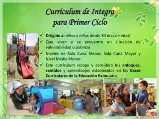 Currículum de Integra
para Primer Ciclo
 Dirigido a: niños y niñas desde 84 días de edad
 Que vivan o se encuentre en situación de
vulnerabilidad o pobreza
 Niveles de Sala Cuna Menor, Sala Cuna Mayor y
Nivel Medio Menor.
 Este currículum recoge y considera los enfoques,
sentidos y aprendizajes establecidos en las Bases
Curriculares de la Educación Parvularia.

 