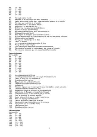 56.
57.
58.
59.
60.

(26
(31
(36
(41
(46

–
–
–
–
–

30)
35)
40)
45)
50)

61.
62.
63.
64.
65.
66.
67.
68.
69.
70.
71.
72.
73.
74.
75.
76.
77.
78.
79.
80.

Yo soy la luz del mundo
Perdonar es mi función por ser la luz del mundo
La luz del mundo le brinda paz a todas las mentes a través de mi perdón
No dejes que me olvide de mi función
Mi única función es la que Dios me dio
Mi función y mi felicidad son una
El Amor me creó a semejanza de Sí Mismo
El amor no abriga resentimientos
Mis resentimientos ocultan la luz del mundo en mí
Mi salvación procede de mí
Sólo el plan de Dios para la salvación tendrá éxito
Abrigar resentimientos es un ataque contra el plan de Dios para la salvación
Mi voluntad es que haya luz
No hay más voluntad que la de Dios
La luz ha llegado
No me gobiernan otras leyes que las de Dios
Tengo derecho a los milagros
¡Que los milagros reemplacen todos mis resentimientos!
Permítaseme reconocer el problema para que pueda ser resuelto
Permítaseme reconocer que mis problemas se han resuelto

Segundo Repaso
Introducción
81.
(61 – 62)
82.
(63 – 64)
83.
(65 – 66)
84.
(67 – 68)
85.
(69 – 70)
86.
(71 – 72)
87.
(73 – 74)
88.
(75 – 76)
89.
(77 – 78)
90.
(79 – 80)
91.
92.
93.
94.
95.
96.
97.
98.
99.
100.
101.
102.
103.
104.
105.
106.
107.
108.
109.
110.

Los milagros se ven en la luz
Los milagros se ven en la luz, y la luz y la fortaleza son una
La luz, la dicha y la paz moran en mí
Soy tal como Dios me creó
Soy un solo Ser, unido a mi Creador
La salvación procede de mi único Ser
Soy espíritu
Aceptaré el papel que me corresponde en el plan de Dios para la salvación
La salvación es mi única función aquí
Mi papel en el plan de salvación de Dios es esencial
La Voluntad de Dios para mí es perfecta felicidad
Comparto con Dios Su Voluntad de que yo sea feliz
Dios, al ser Amor, es también felicidad
busco únicamente lo que en verdad me pertenece
Mías son la paz y la dicha de Dios
Déjame aquietarme y escuchar la verdad
La verdad corregirá todos los errores de mi mente
Dar y recibir son en verdad lo mismo
Descanso en Dios
Soy tal como Dios me creó

Tercer Repaso
Introducción
111.
(91 – 92)
112.
(93 – 94)
113.
(95 – 96)
114.
(97 – 98)
115.
(99 – 100)
116.
(101 – 102)
117.
(103 – 104)
118.
(105 – 106)

3

 