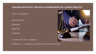 ELABORAR UN ESTATUTO Y REALIZAR EL NOMBRAMIENTO DEL CONSEJO DIRECTIVO.
Indicar lo siguiente :
Denominación
Domicilio
Duración
Finalidad
Composición de sus órganos
Patrimonio …Y el destino de este en caso de disolución
 