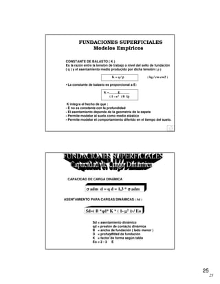 25
25
CONSTANTE DE BALASTO ( K )
Es la razón entre la tensión de trabajo a nivel del sello de fundación
( q ) y el asentamiento medio producido por dicha tensión ( ρ )ρ )ρ )ρ )
K = q / ρρρρ ( kg / cm cm2 )
• La constante de balasto es proporcional a E:
K = E
( 1 - u ) B Iρρρρ
K integra el hecho de que :
- E no es constante con la profundidad
- El asentamiento depende de la geometría de la zapata
- Permite modelar al suelo como medio elástico
- Permite modelar el comportamiento diferido en el tiempo del suelo.
2
FUNDACIONES SUPERFICIALES
Modelos Empíricos
CAPACIDAD DE CARGA DINÁMICA
Sd = asentamiento dinámico
qd = presión de contacto dinámica
B = ancho de fundación ( lado menor )
D = profundidad de fundación
K = factor de forma según tabla
Eo = 2 - 3 E
Sd=( B *qd* K * ( 1- µµµµ2222 )) / Eo
ASENTAMIENTO PARA CARGAS DINÁMICAS ( Sd )
σσσσ adm d = q d = 1,3 * σσσσ adm
 