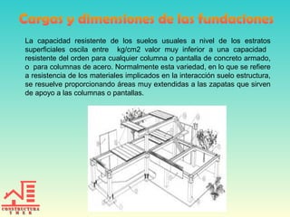 La capacidad resistente de los suelos usuales a nivel de los estratos
superficiales oscila entre kg/cm2 valor muy inferior a una capacidad
resistente del orden para cualquier columna o pantalla de concreto armado,
o para columnas de acero. Normalmente esta variedad, en lo que se refiere
a resistencia de los materiales implicados en la interacción suelo estructura,
se resuelve proporcionando áreas muy extendidas a las zapatas que sirven
de apoyo a las columnas o pantallas.
 