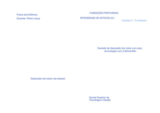 FUNDAÇÕES PROFUNDAS:
Física dos Edifícios
Docente: Pedro Lança                            INTEGRIDADE DE ESTACAS (IV)
                                                                                   Capítulo 3 - Fundações




                                                              Exemplo de disposição dos tubos num poço
                                                                   de fundação com 2,00mx0,80m




             Disposição dos tubos nas estacas




                                                       Escola Superior de
                                                       Tecnologia e Gestão
  88
 
