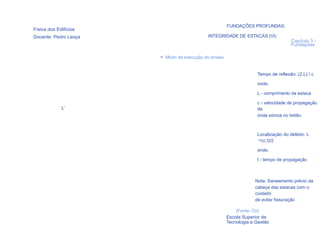FUNDAÇÕES PROFUNDAS:
Física dos Edifícios
Docente: Pedro Lança                        INTEGRIDADE DE ESTACAS (VI)
                                                                                   Capítulo 3 -
                                                                                   Fundações

                       > Modo de execução do ensaio


                                                                   Tempo de reflexão: (2.L) / c

                                                                   onde,

                                                                   L - comprimento da estaca

                                                                   c - velocidade de propagação
             L’                                                    da
                                                                   onda sónica no betão.



                                                                   Localização do defeito: L
                                                                   ´=(c.t)/2

                                                                   onde,

                                                                   t - tempo de propagação



                                                                  Nota: Saneamento prévio da
                                                                  cabeça das estacas com o
                                                                  cuidado
                                                                  de evitar fissuração
  90
                                                          (Fonte: Oz)
                                                      Escola Superior de
                                                      Tecnologia e Gestão
 