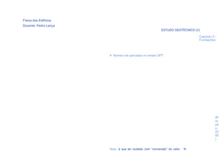 Física dos Edifícios
Docente: Pedro Lança
                                                          ESTUDO GEOTÉCNICO (V)

                                                                              Capítulo 3 -
                                                                              Fundações



                       > Número de pancadas no ensaio SPT




                                                                                         (B
                                                                                         ra
                                                                                         zã
                                                                                         o,
                                                                                         20
                                                                                         05
                                                                                         )
  25

                       Nota: à que ter cuidado com “conversão” do valor   N
 