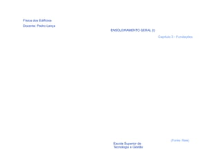 Física dos Edifícios
Docente: Pedro Lança
                       ENSOLEIRAMENTO GERAL (I)

                                                  Capítulo 3 - Fundações




                                                          (Fonte: Reis)
  45                    Escola Superior de
                        Tecnologia e Gestão
 