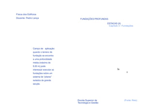 Física dos Edifícios
Docente: Pedro Lança                       FUNDAÇÕES PROFUNDAS:

                                                               ESTACAS (II)
                                                                Capítulo 3 - Fundações




                Campo de aplicação:
                quando o terreno de
                fundação se encontra
                a uma profundidade
                média (máximo de
                8,00 m) pode
                interessar executar as                                 3φ
                                                                                φ
                fundações sobre um
                sistema de “pilares”
                isolados de grande
                secção.




  70                                     Escola Superior de                   (Fonte: Reis)
                                         Tecnologia e Gestão
 