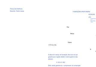 Física dos Edifícios
Docente: Pedro Lança                                             FUNDAÇÕES PROFUNDAS:

                                                                                   ESTACAS

                                                                                   (IV)
                                                                                       Capítulo
                                                                                       3-
                                                                                       Fundaç
                                                                                       ões


                                                      Pilar



                                                              Maciço
                                                                                              H



                                                        Estaca
                       0,15 m ou 0,5φ


                                                                                     B
                                                                                              φ

                       A altura do maciço de fundação deve ser tal que
                       garanta que a rigidez deste é muito superior à das
                       estacas:
  72                                H >Φ e H >B/2

                       Deve ainda garantir-se o comprimento de amarração
 