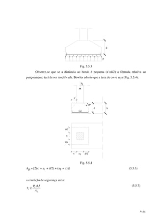V-35
P
d
Fig. 5.5.3
Observe-se que se a distância ao bordo é pequena (x'<d/2) a fórmula relativa ao
punçoamento terá de ser modificada. Bowles admite que a área de corte seja (Fig. 5.5.4):
h
45º
(a)
x´
a
d/2
d/2
1
d
x´ 1a d/2
P1
Fig. 5.5.4
Ap = [2(x' + a1 + d/2) + (a1 + d)]d (5.5.6)
a condição de segurança seria:
pA
xP 5,11
1 ≥τ
(5.5.7)
 