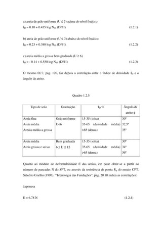 a) areia de grão uniforme (U ≤ 3) acima do nível freático
ID = 0.10 + 0.435 log N10 (DPH) (1.2.1)
b) areia de grão uniforme (U ≤ 3) abaixo do nível freático
ID = 0.23 + 0.380 log N10 (DPH) (1.2.2)
c) areia média a grossa bem graduada (U ≥ 6)
ID = - 0.14 + 0.550 log N10 (DPH) (1.2.3)
O mesmo EC7, pag. 120, faz depois a correlação entre o índice de densidade ID e o
ângulo de atrito.
Quadro 1.2.5
Tipo de solo Graduação ID % Ângulo de
atrito φ
Areia fina
Areia média
Areaia média a grossa
Grão uniforme
U<6
15-35 (solta)
35-65 (densidade média)
>65 (densa)
30º
32,5º
35º
Areia média
Areia grossa e seixo
Bem graduada
6 ≤ U ≤ 15
15-35 (solta)
35-65 (densidade média)
>65 (densa)
30º
34º
36º
Quanto ao módulo de deformabilidade E das areias, ele pode obter-se a partir do
número de pancadas N do SPT, ou através da resistência de ponta Rp do ensaio CPT.
Silvério Coelho (1996). “Tecnologia das Fundações”, pag. 20.10 indica as correlações:
Japonesa
E = 6.78 N (1.2.4)
 