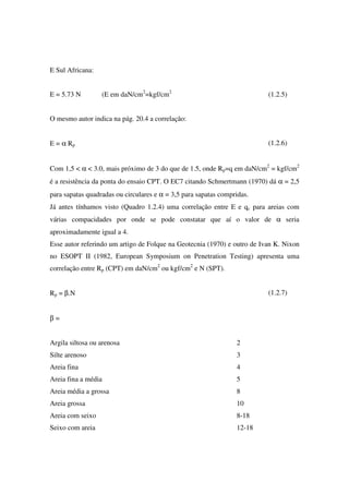E Sul Africana:
E = 5.73 N (E em daN/cm2
=kgf/cm2
(1.2.5)
O mesmo autor indica na pág. 20.4 a correlação:
E = α Rp (1.2.6)
Com 1,5 < α < 3.0, mais próximo de 3 do que de 1.5, onde Rp=q em daN/cm2
= kgf/cm2
é a resistência da ponta do ensaio CPT. O EC7 citando Schmertmann (1970) dá α = 2,5
para sapatas quadradas ou circulares e α = 3,5 para sapatas compridas.
Já antes tínhamos visto (Quadro 1.2.4) uma correlação entre E e qc para areias com
várias compacidades por onde se pode constatar que aí o valor de α seria
aproximadamente igual a 4.
Esse autor referindo um artigo de Folque na Geotecnia (1970) e outro de Ivan K. Nixon
no ESOPT II (1982, European Symposium on Penetration Testing) apresenta uma
correlação entre Rp (CPT) em daN/cm2
ou kgf/cm2
e N (SPT).
Rp = β.N (1.2.7)
β =
Argila siltosa ou arenosa 2
Silte arenoso 3
Areia fina 4
Areia fina a média 5
Areia média a grossa 8
Areia grossa 10
Areia com seixo 8-18
Seixo com areia 12-18
 