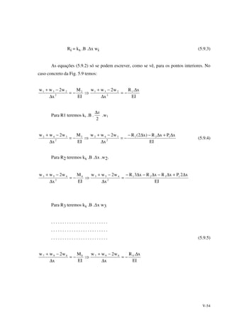 V-54
Ri = ks .B .∆x wi (5.9.3)
As equações (5.9.2) só se podem escrever, como se vê, para os pontos interiores. No
caso concreto da Fig. 5.9 temos:
EI
x.R
x
w2ww
EI
M
x
w2ww 1
2
2312
2
231 ∆
−=
∆
−+
⇒−=
∆
−+
Para R1 teremos ks .B .
2
x∆
.w1
EI
xPxR)x2(R
x
w2ww
EI
M
x
w2ww 121
2
3423
2
342 ∆+∆−∆−
−=
∆
−+
⇒−=
∆
−+
(5.9.4)
Para R2 teremos ks .B .∆x .w2.
EI
x2PxRxRx3R
x
w2ww
EI
M
x
w2ww 1321
2
4534
2
453 ∆+∆−∆−∆−
=
∆
−+
⇒−=
∆
−+
Para R3 teremos ks .B .∆x w3
. . . . . . . . . . . . . . . . . . . . . . . . .
. . . . . . . . . . . . . . . . . . . . . . . . .
. . . . . . . . . . . . . . . . . . . . . . . . . (5.9.5)
EI
x.R
x
w2ww
EI
M
x
w2ww 98978897 ∆
−=
∆
−+
⇒−=
∆
−+
 