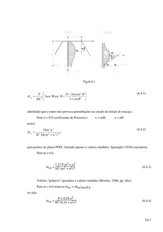 VI-7
θσ
σ
σσ
Fig.6.4.1






+
−
−=
θ
θυ
θθ
π
σ
cos1
cos)21(
cos3
2
2
32
2
sen
z
P
xx
(6.4.1)
admitindo que o muro não provoca perturbações no estado de tensão do maciço.
Para υ = 0,5 (coeficiente de Poisson) e x = mH; z = nH
temos
2/5222
22
)(2
3
nmH
nPm
xx
+
=
π
σ
(6.4.2)
para pontos no plano POO'. fazendo ajustes a valores medidos, Sprangler (1936) encontrou:
Para m > 0,4
σxx =
1,77 P m2 x n2
H2 (m2 + n2)3 (6.4.3)
Valores "práticos" ajustados a valores medidos (Bowles, 1968, pp. dito).
Para m < 0,4 toma-se σxx = (σxx)m=0,4
ou seja
σxx =
P x 0,28 n2
H2 (0,16 + n2)3 (6.4.4)
 