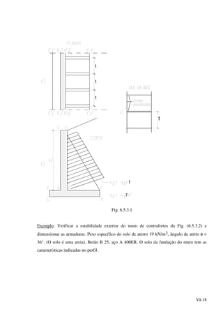 VI-18
t
t
t
t
t
Fig. 6.5.3.1
Exemplo: Verificar a estabilidade exterior do muro de contrafortes da Fig. (6.5.3.2) e
dimensionar as armaduras. Peso específico do solo de aterro 19 kN/m3, ângulo de atrito φ =
36°. (O solo é uma areia). Betão B 25, aço A 400ER. O solo da fundação do muro tem as
características indicadas no perfil.
 