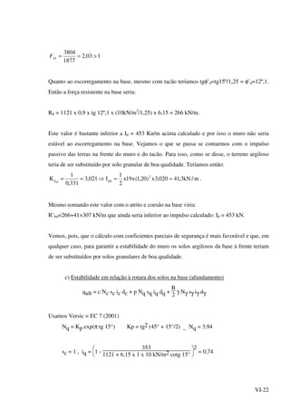 VI-22
103,2
1877
3804
>==sdF
Quanto ao escorregamento na base, mesmo com tacão teríamos tgφ’d=tg15º/1,25 = φ’d=12º,1.
Então a força resistente na base seria:
Rb = 1121 x 0,9 x tg 12º,1 x (10kN/m2
/1,25) x 6,15 = 266 kN/m.
Este valor é bastante inferior a Id = 453 Kn/m acima calculado e por isso o muro não seria
estável ao escorregamento na base. Vejamos o que se passa se contarmos com o impulso
passivo das terras na frente do muro e do tacão. Para isso, como se disse, o terreno argiloso
teria de ser substituído por solo granular de boa qualidade. Teríamos então:
m/kN3,41020,3x)20,1(x19x
2
1
I021,3
331,0
1
K 2
pddp ==⇒== .
Mesmo somando este valor com o atrito e coesão na base viria:
R’bd=266+41=307 kN/m que ainda seria inferior ao impulso calculado: Id = 453 kN.
Vemos, pois, que o cálculo com coeficientes parciais de segurança é mais favorável e que, em
qualquer caso, para garantir a estabilidade do muro os solos argilosos da base à frente teriam
de ser substituídos por solos granulares de boa qualidade.
c) Estabilidade em relação à rotura dos solos na base (afundamento)
qult = c Nc sc ic dc + p Nq sq iq dq +
B
2
γ Nγ sγ iγ dγ
Usamos Versic = EC 7 (2001)
Nq = Kp exp(π tg 15°) Kp = tg2 (45° + 15°/2) _ Nq = 3,94
sc = 1 , iq =






1 -
353
1121 + 6,15 x 1 x 10 kN/m2 cotg 15°
2
= 0,74
 