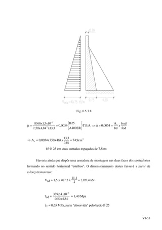 VI-33
Fig. 6.5.3.8
2
s
s
2
3
cm9,74
348
3,13
x484x750x0054,0A
fod
fsyd
x
bd
A
0054,0.A.B.T
ER400A
25B
0054,0
3,13x84,4x50,7
10x5,1x8368
==⇒
==ω⇒






==µ
−
15 Φ 25 em duas camadas espaçadas de 7,5cm
Haveria ainda que dispôr uma armadura de montagem nas duas faces dos contrafortes
formando no sentido horizontal "estribos". O dimensionamento destes far-se-à a partir de
esforço transverso:
Vsd = 1,5 x 407,5 x
11,1
2
= 3392,4 kN
τsd =
84,450,0
104,3392 3
x
x −
= 1,40 Mpa
τ1 = 0,65 MPa, parte "absorvida" pelo betão B 25
 