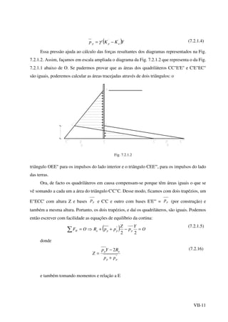 VII-11
( )YKKp app
''
' −= γ (7.2.1.4)
Essa pressão ajuda ao cálculo das forças resultantes dos diagramas representados na Fig.
7.2.1.2. Assim, façamos em escala ampliada o diagrama da Fig. 7.2.1.2 que representa o da Fig.
7.2.1.1 abaixo de O. Se pudermos provar que as áreas dos quadriláteros CC"E'E" e C'E"EC"
são iguais, poderemos calcular as áreas tracejadas através de dois triângulos: o
Fig. 7.2.1.2
triângulo OEE" para os impulsos do lado interior e o triângulo CEE''', para os impulsos do lado
das terras.
Ora, de facto os quadriláteros em causa compensam-se porque têm áreas iguais o que se
vê somando a cada um a área do triângulo C'C"C. Desse modo, ficamos com dois trapézios, um
E"ECC' com altura Z e bases pp e C'C e outro com bases E'E''' = pp (por construção) e
também a mesma altura. Portanto, os dois trapézios, e daí os quadriláteros, são iguais. Podemos
então escrever com facilidade as equações de equilíbrio da cortina:
( ) O
Y
p
Z
ppROF pppaH =−++⇒=∑ 22
'' (7.2.1.5)
donde
''
2
pp
ap
pp
RYp
Z
+
−
=
(7.2.16)
e também tomando momentos e relação a E
 