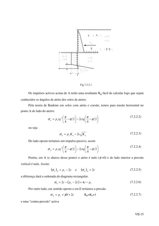 VII-15
ε υ
Σ ΥΥ
Fig.7.2.2.1
Os impulsos activos acima de A terão uma resultante Ra fácil de calcular logo que sejam
conhecidos os ângulos de atrito dos solos de aterro.
Pela teoria de Rankine em solos com atrito e coesão, temos para tensão horizontal no
ponto A do lado do aterro:






−−





−= 2
4
22
4
2
φ
π
φ
π
σ ctgtgpva
(7.2.2.2)
ou seja
aava KcKp 2−=σ (7.2.2.3)
Do lado oposto teríamos um impulso passivo, assim






−−





−= 2
4
22
4
2
φ
π
φ
π
σ ctgtgpvp
(7.2.2.4)
Porém, em A (e abaixo desse ponto) o atrito é nulo (φ =0) e do lado interior a pressão
vertical é nula. Assim:
( ) cpvAa 2−=σ e ( ) cAa 2=σ (7.2.2.5)
a diferença dará a ordenada do diagrama rectangular.
( ) vvh pccpc −=−−= 422σ (7.2.2.6)
Por outro lado, em sentido oposto e em E teríamos a pressão
cDpvp 2++= γσ Kp=Ka=1 (7.2.2.7)
e uma "contra-pressão" activa
 