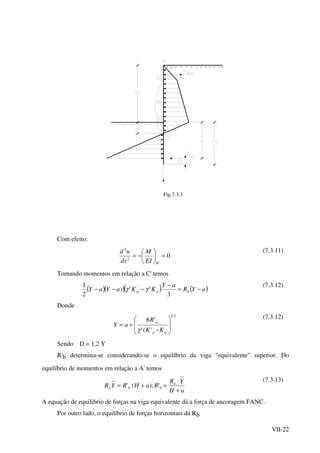 VII-22
Fig.7.3.3
Com efeito:
0
'
2
2
=





−=
BEI
M
dx
wd (7.3.11)
Tomando momentos em relação a C' temos
( )( )( ) ( )aYR
aY
KKaYaY bap −=
−
−−− ''
3
'')
2
1
γγ
(7.3.12)
Donde
21
'('
'6








−
+=
ap
p
KK
R
aY
γ
(7.3.12)
Sendo D = 1,2 Y
R'b determina-se considerando-se o equilíbrio da viga "equivalente" superior. Do
equilíbrio de momentos em relação a A' temos
aH
YR
RaHRYR a
bba
+
⋅
=+= ');('
(7.3.13)
A equação de equilibrio de forças na viga equivalente dá a força de ancoragem FANC.
Por outro lado, o equilíbrio de forças horizontais dá Rb
 