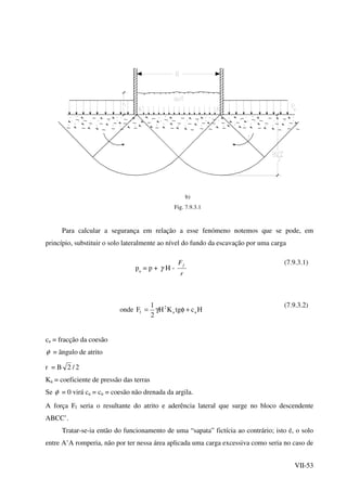 VII-53
b)
Fig. 7.9.3.1
Para calcular a segurança em relação a esse fenómeno notemos que se pode, em
princípio, substituir o solo lateralmente ao nível do fundo da escavação por uma carga
pv
= p + γ H -
r
Ff (7.9.3.1)
onde HctgKH
2
1
F aa
2
f +φγ=
(7.9.3.2)
ca = fracção da coesão
φ = ângulo de atrito
r = B 2/2
Ka = coeficiente de pressão das terras
Se φ = 0 virá ca = cu = coesão não drenada da argila.
A força Ff seria o resultante do atrito e aderência lateral que surge no bloco descendente
ABCC’.
Tratar-se-ia então do funcionamento de uma “sapata” fictícia ao contrário; isto é, o solo
entre A’A romperia, não por ter nessa área aplicada uma carga excessiva como seria no caso de
 