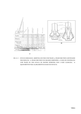 VIII-6
c)
d)
FIG. 8.1.3 - ESTACAS MOLDADAS. ABERTURA DO FURO COM TRADO. a) TRADO MECÂNICO, BETONAGEM
POR INJECÇÃO; b) TRADO MECÂNICO DE GRANDES DIMENSÕES; c) FASES DE CONSTRUÇÃO
COM TRADO DE UMA ESTACA DE GRANDE DIÂMETRO COM A BASE ALARGADA; d)
EQUIPAMENTOS PARA ALARGAMENTO DA BASE DAS ESTACAS
 