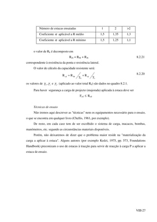 VIII-27
Número de estacas ensaiadas 1 2 >2
Coeficiente α aplicável a R médio 1,5 1,35 1,3
Coeficiente α aplicável a R mínimo 1,5 1,25 1,1
o valor de Rk é decomposto em
Rck = Rbk + Rsk 8.2.21
correspondente à resistência da ponta e resistência lateral.
O valor de cálculo da capacidade resistente será:
s
sk
b
bkcd RRR
γ
+
γ
= 8.2.20
os valores de bγ , sγ e fγ (aplicado ao valor total Rk) são dados no quadro 8.2.1.
Para haver segurança a carga de projecto (majorada) aplicada à estaca deve ser
Fcd ≤ Rcd
Técnicas de ensaio
Não iremos aqui descrever as "técnicas" nem os equipamentos necessário para o ensaio,
o que se encontra em qualquer livro (Chellis, 1961, por exemplo).
De resto, em cada caso tem de ser escolhido o sistema de carga, macacos, bombas,
manómetros, etc. segundo as circunstâncias materiais disponíveis.
Porém, não deixaremos de dizer que o problema maior reside na "materialização da
carga a aplicar à estaca". Alguns autores (por exemplo Kedzi, 1975, pp. 573, Foundations
Handbook) preconizam o uso de estacas à tracção para servir de reacção à carga P a aplicar a
estaca de ensaio.
 