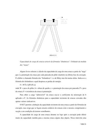 VIII-31
FIG.8.2.11
Capacidade de carga de estacas através de fórmulas "dinâmicas". Utilidade da medida
das "negas"
Alguns livros referem o cálculo da capacidade de carga de uma estaca a partir da "nega"
que é a penetração da estaca por cada pancada do pilão (martelo) na última fase da cravação.
É célebre a chamada fórmula dos "holandeses" e a de Hiley mas há muitas delas. Indica-se a
fórmula dos holandeses a qual despresa as perdas de energia:
F = W2
h / [(W+P) e]
onde W = peso do pilão; h = altura de queda; e = penetração da estaca por pancada; P = peso
da estaca; F = resistência da estaca à penetração.
Para obter a carga “admissível” da estaca usa-se o coeficiente da minoração de 6
aplicado a F. As fórmulas dinâmicas para a capacidade resistente de estacas cravadas dão
apenas valores indicativos.
O EC7 permite a dedução da capacidade resistente de uma estaca a partir de fórmulas de
cravação, mas exige que se façam ensaios estáticos de estacas com o mesmo, comprimento e
secção e em condições de terreno semelhantes.
A capacidade de carga de uma estaca durante ou logo após a cravação pode diferir
muito da capacidade medida para a mesma estaca alguns dias depois. Nisso intervém uma
 