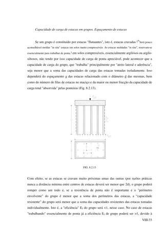VIII-33
Capacidade de carga de estacas em grupos. Espaçamento de estacas
Se um grupo é constituído por estacas "flutuantes", isto é, estacas cravadas (*Será pouco
aconselhável moldar "in situ" estacas em solos muito compressíveis. As estacas moldadas "in situ", reservam-se
essencialmente para trabalhar de ponta.) em solos compressíveis, essencialmente argilosos ou argilo-
siltosos, não tendo por isso capacidade de carga de ponta apreciável, pode acontecer que a
capacidade de carga do grupo, que "trabalha" principalmente por "atrito lateral e aderência",
seja menor que a soma das capacidades de carga das estacas tomadas isoladamente. Isso
dependerá do espaçamento a das estacas relacionado com o diâmetro d das mesmas, bem
como do número de filas de estacas no maciço e da maior ou menor fracção da capacidade de
carga total "absorvida" pelas ponteiras (Fig. 8.2.13).
FIG. 8.2.13
Com efeito, se as estacas se cravam muito próximas umas das outras (por razões práticas
nunca a distância mínima entre centros de estacas deverá ser menor que 2d), o grupo poderá
romper como um todo e, se a resistência de ponta não é importante e o "perímetro
envolvente" do grupo é menor que a soma dos perímetros das estacas, a “capacidade
resistente” do grupo será menor que a soma das capacidades resistentes das estacas tomadas
individualmente. Isto é, a "eficiência" Ef do grupo será <1, nesse caso. No caso de estacas
"trabalhando" essencialmente de ponta já a eficiência Ef de grupo poderá ser >1, devido à
 