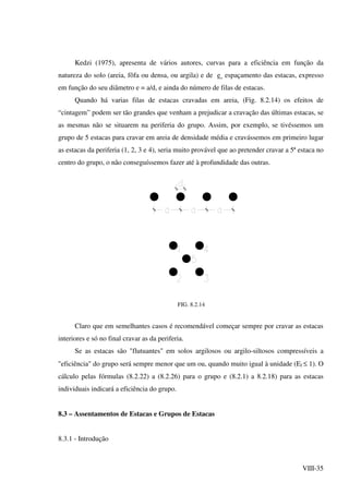 VIII-35
Kedzi (1975), apresenta de vários autores, curvas para a eficiência em função da
natureza do solo (areia, fôfa ou densa, ou argila) e de e espaçamento das estacas, expresso
em função do seu diâmetro e = a/d, e ainda do número de filas de estacas.
Quando há varias filas de estacas cravadas em areia, (Fig. 8.2.14) os efeitos de
“cintagem” podem ser tão grandes que venham a prejudicar a cravação das últimas estacas, se
as mesmas não se situarem na periferia do grupo. Assim, por exemplo, se tivéssemos um
grupo de 5 estacas para cravar em areia de densidade média e cravássemos em primeiro lugar
as estacas da periferia (1, 2, 3 e 4), seria muito provável que ao pretender cravar a 5ª estaca no
centro do grupo, o não conseguíssemos fazer até à profundidade das outras.
FIG. 8.2.14
Claro que em semelhantes casos é recomendável começar sempre por cravar as estacas
interiores e só no final cravar as da periferia.
Se as estacas são "flutuantes" em solos argilosos ou argilo-siltosos compressíveis a
"eficiência" do grupo será sempre menor que um ou, quando muito igual à unidade (Ef ≤ 1). O
cálculo pelas fórmulas (8.2.22) a (8.2.26) para o grupo e (8.2.1) a 8.2.18) para as estacas
individuais indicará a eficiência do grupo.
8.3 – Assentamentos de Estacas e Grupos de Estacas
8.3.1 - Introdução
 