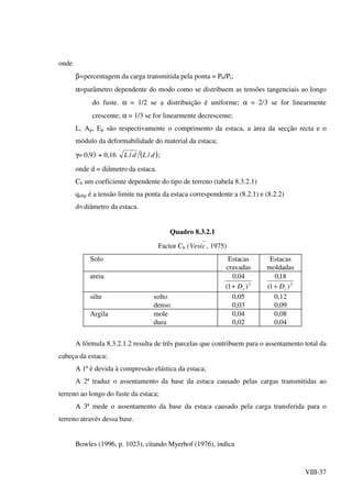VIII-37
onde
β=percentagem da carga transmitida pela ponta = Pb/Pt;
α=parâmetro dependente do modo como se distribuem as tensões tangenciais ao longo
do fuste. α = 1/2 se a distribuição é uniforme; α = 2/3 se for linearmente
crescente; α = 1/3 se for linearmente decrescente;
L, Ap, Ep são respectivamente o comprimento da estaca, a àrea da secção recta e o
módulo da deformabilidade do material da estaca;
γ= 0,93 + 0,16 ( )dLdL // ;
onde d = diâmetro da estaca.
Cb um coeficiente dependente do tipo de terreno (tabela 8.3.2.1)
qultp é a tensão limite na ponta da estaca correspondente a (8.2.1) e (8.2.2)
d=diâmetro da estaca.
Quadro 8.3.2.1
Factor Cb ( cVesi , 1975)
Solo Estacas
cravadas
Estacas
moldadas
areia
2
)1(
04,0
rD+ 2
)1(
18,0
rD+
silte solto
denso
0,05
0,03
0,12
0,09
Argila mole
dura
0,04
0,02
0,08
0,04
A fórmula 8.3.2.1.2 resulta de três parcelas que contribuem para o assentamento total da
cabeça da estaca:
A 1ª é devida à compressão elástica da estaca;
A 2ª traduz o assentamento da base da estaca causado pelas cargas transmitidas ao
terreno ao longo do fuste da estaca;
A 3ª mede o assentamento da base da estaca causado pela carga transferida para o
terreno através dessa base.
Bowles (1996, p. 1023), citando Myerhof (1976), indica
 
