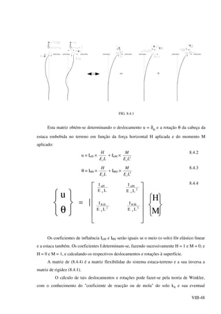 VIII-48
θ
θ
θ
θ
θ
θ
θ
θ
FIG. 8.4.1
Esta matriz obtém-se determinando o deslocamento u = δH
e a rotação θ da cabeça da
estaca embebida no terreno em função da força horizontal H aplicada e do momento M
aplicado:
u = IuH ×
LE
H
s
+ IuM × 2
LE
M
s
8.4.2
θ = IθH ×
LE
H
s
+ IθM × 3
LE
M
s
8.4.3






θ
u












= θθ
2
s
uM
s
uH
3
s
M
2
s
H
LE
I
LE
I
LE
I
LE
I






M
H
8.4.4
Os coeficientes de influência IuM e IθH serão iguais se o meio (o solo) fôr elástico linear
e a estaca também. Os coeficientes I determinam-se, fazendo sucessivamente H = 1 e M = 0; e
H = 0 e M = 1, e calculando os respectivos deslocamentos e rotações à superfície.
A matriz de (8.4.4) é a matriz flexibilidae do sistema estaca-terreno e a sua inversa a
matriz de rigidez (8.4.1).
O cálculo de tais deslocamentos e rotações pode fazer-se pela teoria de Winkler,
com o conhecimento do "coeficiente de reacção ou de mola" do solo ks e sua eventual
 
