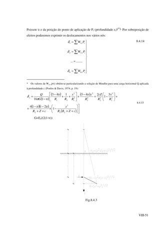 VIII-51
Poisson υ e da posição do ponto de aplicação de Pi (profundidade zi)(*). Por sobreposição de
efeitos poderemos exprimir os deslocamentos nos vários nós:











=
=
=
=
∑
∑
∑
ii
ii
ii
PW
PW
PW
,66
,22
,11
...........
δ
δ
δ 8.4.14
* Os valores de Wj,i (j≠i) obtêm-se particularizando a solução de Mindlin para uma carga horizontal Q aplicada
à profundidade c (Poulos & Davis, 1974, p. 19):
( )
( ) ( ) +





−+
−
+





++
−
−
= 2
2
2
3
2
3
2
2
3
1
2
21
3
1
243143
116 R
x
R
cZ
R
x
R
x
RRG
Q
x
υυ
υπ
δ
( )( )
( ) 








++
−×
++
−−
+
cZRR
x
cZR 22
2
2
1
2114 υυ
8.4.15
G=Es/(2(1-ν))
Fig.8.4.3
 