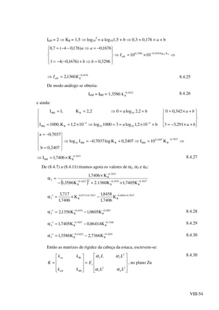VIII-54
IuH = 2 ⇒ KR = 1,5 ⇒ log10
2
= a log101,5 + b ⇒ 0,3 = 0,176 × a + b
⇒×=⇒










=⇒+−−=
−=⇒−−=
− RK
uHI
bb
aa
10log1676,03296,0
1010
3296,0)1676,0(41
1676,0)176,04(7,0
1676,0
1360,2 −
=⇒ RuH KI 8.4.25
De modo análogo se obteria:
IuM = IθH = 1,3586 k 4422,0−
R
8.4.26
e ainda:





+×==⇒×==
+=⇒==
−−
θ
θ
b102,1loga31000log102,1K,1000I
b2,2loga02,2K,1I
4
1010
4
RM
10RM










+×−=
+×=
ba
ba
291,33
342,00
⇒=⇒+−=⇒










=
−=
−
θθ
7037,0
R
2407,0
MRM10 K10I2407,0Klog7037,0Ilog
2407,0b
7037,0a
7037,0
RM K7406,1I −
θ ×=⇒ 8.4.27
De (8.4.7) a (8.4.11) tiramos agora os valores de α2, α3 e α4:
( ) 7037,0
R
1676,0
R
24422,0
R
7037,0
R
2
K7405,1K1360.2K3586,1
K7406,1
−−−
−
×+−
×
=α
7037,08844,0
R
7037,08713,0
R
1
2 K
7406,1
8458,1
K
7406,1
717,3 +−+−−
−×=α
1807,0
R
1676,0
R
1
2 K0605,1K1356,2 −−−
−=α 8.4.28
7168,0
R
7037,0
R
1
4 K86414,0K7405,1 −−−
−=α 8.4.29
4291,0
R
14422,0
R
1
3 K7366,2K3586,1 −−−
−=α 8.4.30
Então as matrizes de rigidez da cabeça da estaca, escrevem-se:










=










=
3
4
2
3
2
32
LL
LL
E
kk
kk
K s
u
uuu
αα
αα
θθθ
θ
, no plano Zu
8.4.30
 