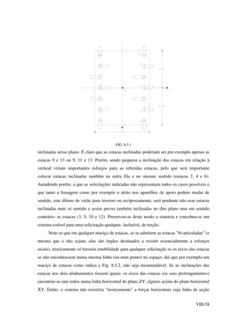 VIII-58
FIG. 8.5.1
inclinadas nesse plano. É claro que as estacas inclinadas poderiam ser por exemplo apenas as
estacas 9 e 13 ou 9, 11 e 13. Porém, sendo pequena a inclinação das estacas em relação à
vertical viriam importantes esforços para as referidas estacas, pelo que será importante
colocar estacas inclinadas também na outra fila e no mesmo sentido (estacas 2, 4 e 6).
Atendendo porém, a que as solicitações indicadas não representam todos os casos possíveis e
que tanto a frenagem como por exemplo o atrito nos aparelhos de apoio podem mudar de
sentido, este último de verão para inverno ou reciprocamente, será prudente não usar estacas
inclinadas num só sentido e assim prever também inclinadas no dito plano mas em sentido
contrário: as estacas (3, 5, 10 e 12). Preservou-se deste modo a simetria e concebeu-se um
sistema estável para uma solicitação qualquer, inclusivé, de torção.
Note-se que em qualquer maciço de estacas, se se admitem as estacas "bi-articuladas" (e
mesmo que o não sejam, elas são órgãos destinados a resistir essencialmente a esforços
axiais), teoricamente só haveria estabilidade para qualquer solicitação se os eixos das estacas
se não encontrassem numa mesma linha (ou num ponto) no espaço; daí que por exemplo um
maciço de estacas como indica a Fig. 8.5.2, não seja recomendável. Se as inclinações das
estacas nos dois alinhamentos fossem iguais: os eixos das estacas (os seus prolongamentos)
encontrar-se-iam todos numa linha horizontal do plano ZY, algures acima do plano horizontal
XY. Então, o sistema não resistiria "teoricamente" a forças horizontais cuja linha de acção
 