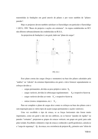 VIII-61
transmitidas às fundações em geral através de pilares e por vezes também de "pilares-
paredes".
Hoje os projectos devem também satisfazer os Eurocódigos em particular o Eurocódigo
1 (EC1), 1991 “Bases de projecto e acções em estruturas”. As regras estabelecidas no EC1
não diferem substancialmente das estabelecidas no R.S.A..
Ao projectista de fundações é, em geral, dado um "plano de cargas".
FIG. 8.6.1
Esse plano consta das cargas (forças e momentos) na base dos pilares calculados pela
"análise" ou "cálculo" da estrutura hiperestática em geral, e deve fornecer separadamente os
esforços devidos a:
- cargas permanentes, devidas ao peso próprio e outros Sg
- cargas variáveis, devidas às sobrecargas regulamentares Sq e respectivo factor ψ.
- cargas variáveis devidas ao vento S ''
q e respectivo factor ψ.
- outras (sismos, temperaturas, etc.) S '
q .
Para ser completo o plano de cargas deve conter os esforços na base dos pilares com e
sem majoração para os vários tipos de acção (cargas permanentes e acções variáveis).
Uma vez escolhido o tipo de estaca, se as forças horizontais não forem muito
importantes, como em geral o não são nos edifícios, ou se houver "paredes de rigidez" ou
paredes “cortantes”, projectam-se grupos de estacas verticais; um grupo em geral, para cada
pilar isolado. Escolhido o diâmetro e tipo de estaca e conhecido o perfil geotécnico, calcula-se
a "carga de segurança". Qs da estaca, ou a resistência de projecto Rcd, primeiro sem "efeito de
 