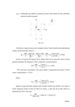 VIII-63
xi,yi = coordenadas que definem a posição da estaca num sistema de eixos principais
centrais de inércia do grupo
FIG. 8.6.3
Calculemos a carga na estaca mais carregada (estaca 7) pela fórmula acima indicada que
adiante será demonstrada. Teremos:
tf8,177
20,16
20,1320
2
9
800
y
)20,1(320
x
20,1320
9
800
Q 22
i
2
i
7 =





×
×
×+=
−×
−
×
+=
∑∑
Assim, as 9 estacas não chegam. Ou se alarga o bloco ou se usam mais estacas. É uma
questão económica. Se alargarmos o bloco, mantendo a simetria teríamos:
m75,1e
e6
e320
2
9
800
150 2
=⇒



×
×
×+=
Vê-se, pois que, em princípio, vale a pena alargar o espaçamento das estacas. Vamos
tomar o espaçamento e = 1,75 m.
Então:
tf8,149
75,16
75,1320
2
9
800
Q 27 =





×
×
×+=
Quanto à carga horizontal, podemos por exemplo verificar que devido a essa carga, a
tensão tengencial média na base do bloco de estacas, o qual terá de ter pelo menos as
dimensões de 3,70 x 3,70, seria:
22
/2,29/92,2
70,370,3
40
mkNmtf
tf
==
×
=τ
 