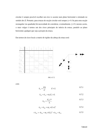 VIII-69
circular é sempre possível escolher um eixo w assente num plano horizontal e orientado no
sentido dos Z. Portanto, para estacas de secção circular será sempre γ = 0. Se para uma secção
rectangular (ou quadrada) há necessidade de considerar, eventualmente, γ ≠ 0, mesmo assim,
o mais vulgar é termos um dos eixos principais de inércia da estaca, paralelo ao plano
horizontal, qualquer que seja a posição da estaca.
Em termos de eixos locais a matriz de rigidez da cabeça da estaca será:
FIG. 8.7.2
com:
LL
L
EA
k <= '
'
11
8.7.1
LEkk s ×== 23322 α 8.7.2
L
JG
k
p *
44 =
8.7.3
3
46655 LEkk ××== α 8.7.4
5335
2
s36226 kkLEkk ==×α=−=− 8.7.5
 