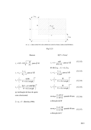 III-5
2.eL
2.eB
L
B
eL V
e B
B´ x L´ = ÁREA EFECTIVA DE APOIO DA SAPATA PARA CARGA EXCÊNTRICA
L´
B´
Fig.3.2.3
Hansen
cA
H
ic
'
15.05.0 −−= para φ’=0
1
1
−
−
−=
q
q
qc
N
i
ii para φ’>0
1
q
'gcot'c'AV
H5,0
1i
α






φ+
−=
( )
1
'gcot'c'AV
Hº450/ºn7,0
1i
α
γ 





φ+
−
−=
η= inclinação da base de apoio
com a horizontal.
2 « α1 « 5 (Bowles,1996)
EC7 = Vesic’
c
c
cNLB
mH
i
''
1−= para φ’=0
B’=B-2 eB ; L’ = L-2 eL
φtgN
i
ii
c
q
qc
−
−=
1
para φ’>0
m
q
'gcot'c'AV
H
1i 





φ+
−=
1m
'gcot'c'AV
H
1i
+
γ 





φ+
−=
m=mB=
'/'1
'/'2
LB
LB
+
+
quando H tem
a direcção de B’
m=mL=
'B/'L1
'B/'L2
+
+
quando H tem
a direcção de L’
(3.2.12)
(3.2.13)
(3.2.14)
(3.2.15)
(3.2.16)
(3.2.17)
 