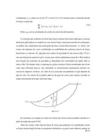 IX-13
coordenadas xj, yj, então em vez de | F
r
| × d em 9.13 a 9.15 teríamos para o momento devido
às forças a expressão
∑=
NFE
j 1
Fjx × (yj – yo) – Fjy (xj – xo)
9.16
Onde x0,y0 são as coordenadas do centro do círculo de deslizamento.
A correcção que acabamos de fazer para forças externas horizontais aplicadas ao maciço
deslizante pode aplicar-se também ao caso dessas forças serem provenientes de acelerações,
ou melhor, das componentes das acelerações devidas a sismos.Efectivamente, os efeitos dos
sismos são algumas das vezes considerados na estabilidade das estruturas através de forças
horizontais (e verticais) iH
r
aplicadas nos centros de gravidade Gi das massas (Fig. 9.5.3) e
são uma fracção do respectivo peso. Assim, para a fatia i poderíamos tomar Hi = Wiα sendo α
uma fracção da aceleração da gravidade g, dependente das sismicidades da região onde se
situa a obra. No entanto, hoje, a segurança às acções sísmicas é feita considerando não só um
valor mais elaborado para α, mas calculando os deslocamentos permanentes devidos aos
sucessivos impulsos sísmicos. Ao valor de α é associado um parâmetros S que depende do
tipo de solo. Os valores de α podem obter-se do grau do sismo mais intenso ocorrido na
região num período de tempo suficiente largo.
C D
A B
Pi
Hi
G i
Wi
Hi= Wiα
FIG. 9.5.3
Os momentos em relação ao centro do círculo das forças sísmicas podem calcular-se a
partir da expressão geral (9.16).
Além dos sismos, outro tipo de forças de massa que poderiam ser consideradas seriam
as forças de percolação devidas aos gradientes hidráulicos, as quais como sabemos, podem ser
 