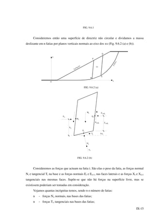 IX-15
FIG. 9.6.1
Consideremos então uma superfície de directriz não circular e dividamos a massa
deslizante em n fatias por planos verticais normais ao eixo dos xx (Fig. 9.6.2 (a) e (b)).
O
P
Q
(i)
R
S
y =y (x)
o
o
y=y(x)
x
y
FIG. 9.6.2 (a)
E i
iW
iM
Xi
Q i
iP
Ti
Ni'
iu
i+LE
i+LZi+LX
i∆y
FIG. 9.6.2 (b)
Consideremos as forças que actuam na fatia i. São elas o peso da fatia, as forças normal
Ni e tangencial Ti na base e as forças normais Ei e Ei+1, nas faces laterais e as forças Xi e Xi+1
tangenciais nas mesmas faces. Supõe-se que não há forças na superfície livre, mas se
existissem poderiam ser tomadas em consideração.
Vejamos quantas incógnitas temos, sendo n o número de fatias:
n - forças Ni, normais, nas bases das fatias;
n - forças Ti, tangenciais nas bases das fatias;
 