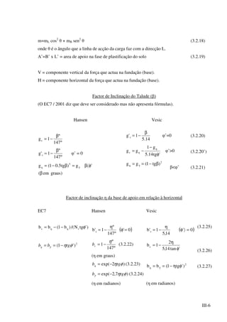 III-6
m=mL cos2
θ + mB sen2
θ (3.2.18)
onde θ é o ângulo que a linha de acção da carga faz com a direcção L.
A’=B’ x L’ = area de apoio na fase de plastificação do solo (3.2.19)
V = componente vertical da força que actua na fundação (base).
H = componente horizontal da força que actua na fundação (base).
Factor de Inclinação do Talude (β)
(O EC7 / 2001 diz que deve ser considerado mas não apresenta fórmulas).
Hansen
º147
º
1gc
β
−=
º147
º
1'g c
β
−= φ’ = 0
)grausem(
'g)tg5.01(g 5
q
β
φ〈β=β−= γ
Vesic
14.5
1'g c
β
−= φ’=0
'tg14.5
g1
gg
q
qc
φ
−
−= φ’>0
)tg1(gg 2
q β−== γ
β<φ’
(3.2.20)
(3.2.20’)
(3.2.21)
Factor de inclinação η da base de apoio em relação à horizontal
EC7
)'tgN/()b1(bb cqqc φ−−=
2
)'1( φηγ tgbbq −==
Hansen
( )0'
º147
º
1'b c =φ
η
−=
º147
º
1
η
−=cb (3.2.22)
(η em graus)
)2exp( φηtgbq −= (3.2.23)
)7,2exp( φηγ tgb −= (3.2.24)
(η em radianos)
Vesic
( )0'
14,5
1'b c =〉φ
η
−=
'tan14,5
2
1bc
φ
η
−=
2
q )'tg1(bb φη−== γ
(η em radianos)
(3.2.25)
(3.2.26)
(3.2.27)
 